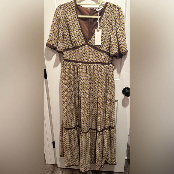 n Loom Maxi Dress Empire Waist Flutter Sleeve Lace Prairie Cottage Size Large - Picture 1 of 11